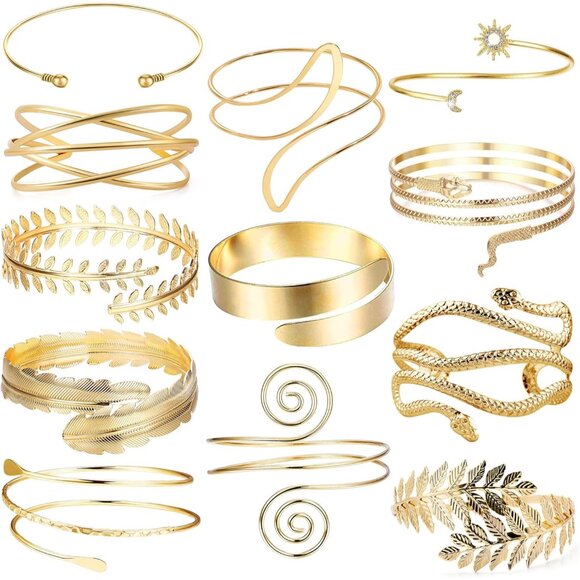 Boho Luxe 12 Pcs Upper Arm Cuffs Set - Golden Stainless Steel Bracelets - Picture 1 of 7